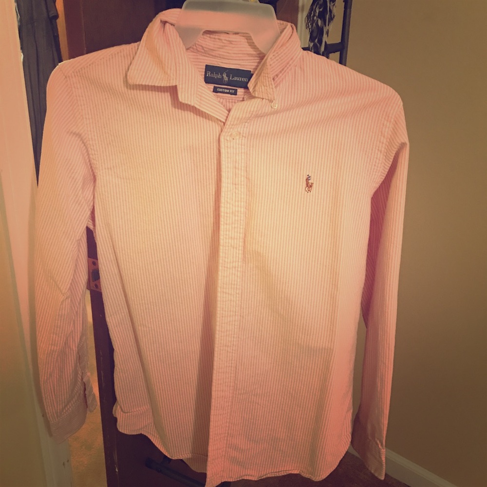 Men's pink/coral and white long sleeve polo size M